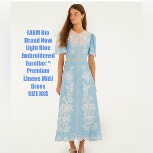 FARM Rio Light Blue Embroidered
Euroflax™ Premium Linene Midi
Dress SIZE XXS NWT